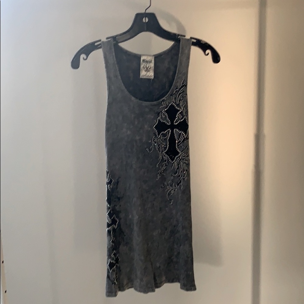 Vocal tank top gray grey rhinestones cross biker